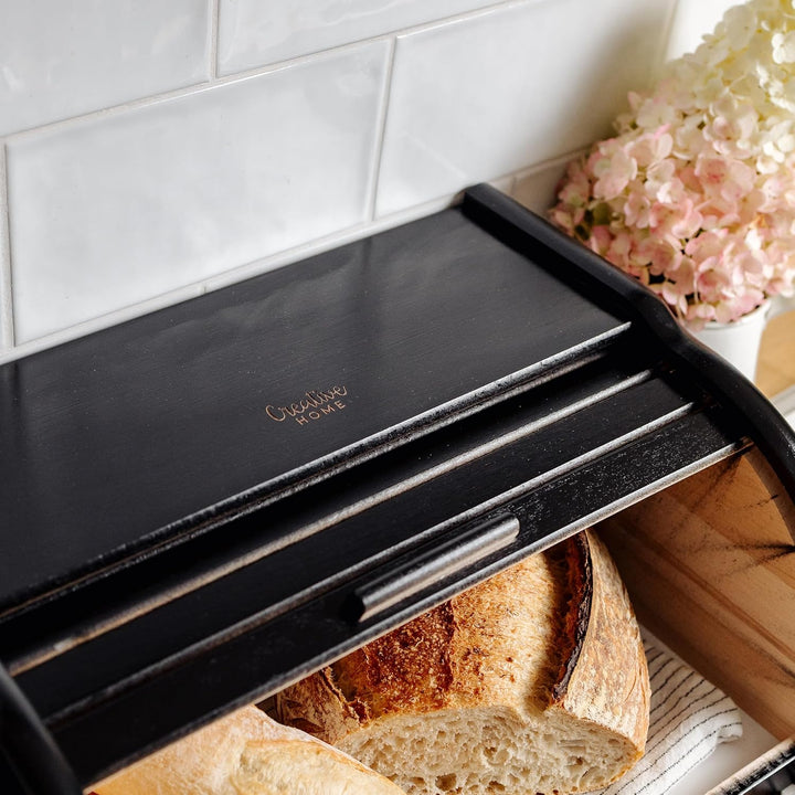 Creative Home Schwarz Brotkasten Holz | 38 x 28,5 x 17,5cm (+/-1cm) | Perfekte BrotBox für Brot Bröt