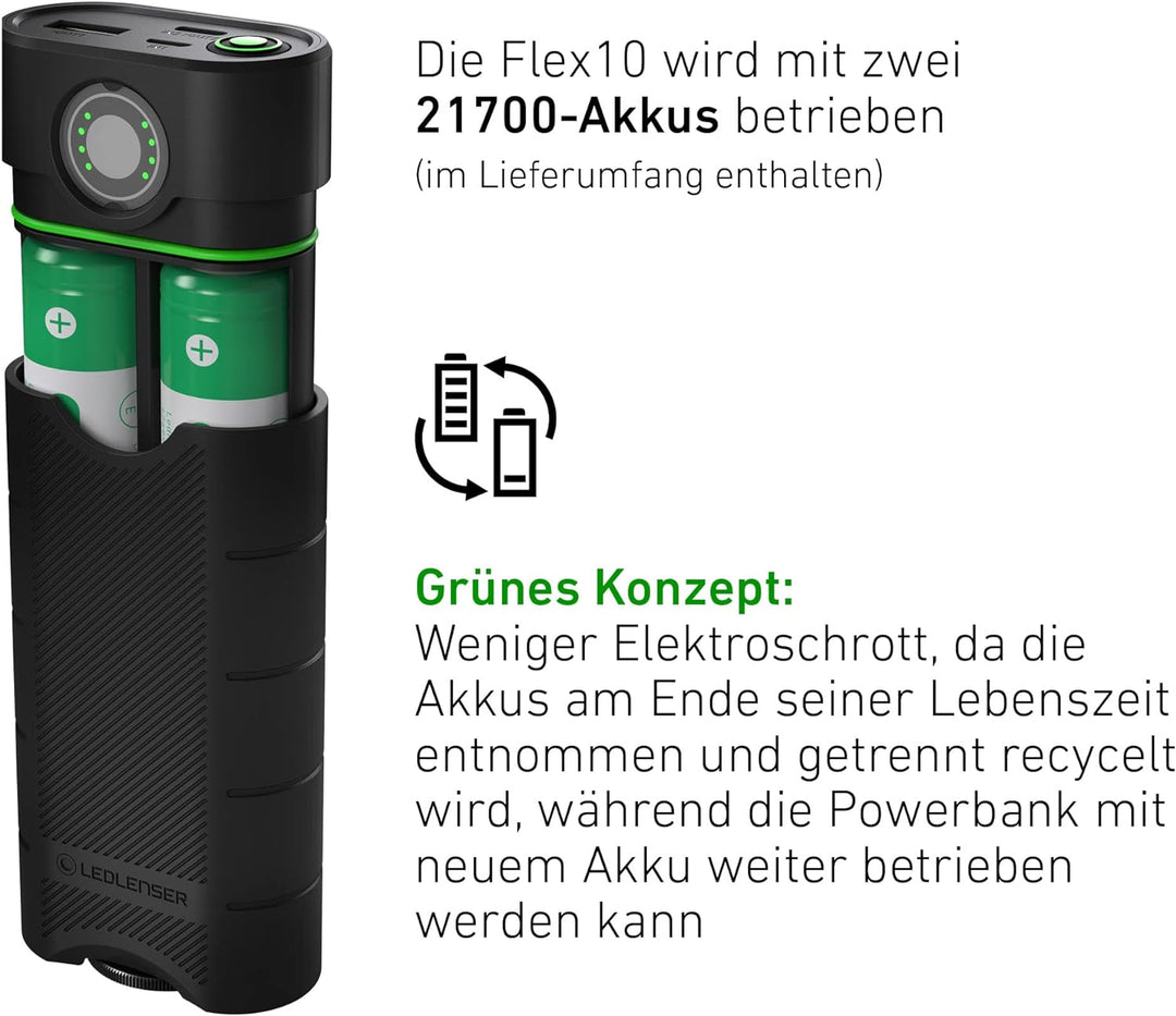 Ledlenser Flex10 Outdoor USB-C Powerbank Ladegerät, 2 entnehmbare Lithium Akkus Typ 21700, kurze Lad