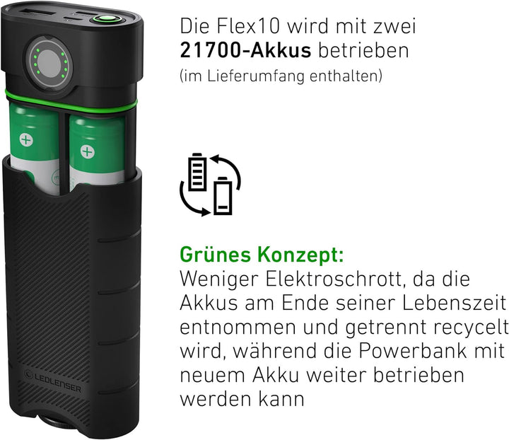 Ledlenser Flex10 Outdoor USB-C Powerbank Ladegerät, 2 entnehmbare Lithium Akkus Typ 21700, kurze Lad