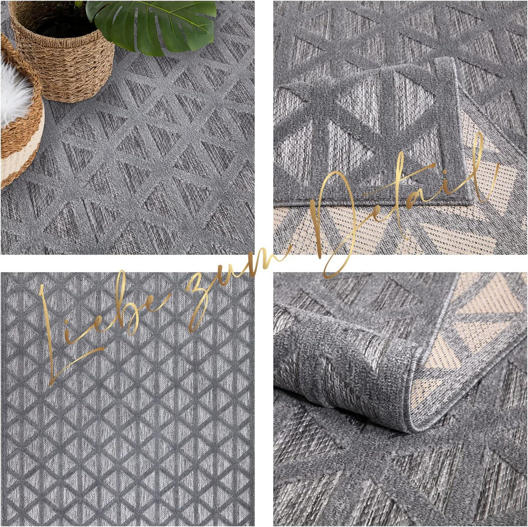 payé Teppich Wohnzimmer - Anthrazit 150x150cm - Raute Optik - Teppiche für Balkon Terrasse Garten -
