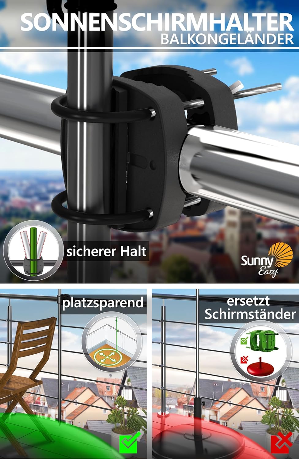 4smile Sonnenschirm Balkon SunnyJoy im 3er-Set - UPF 50+ Balkon Schirm 160 cm + Sonnenschirmhalter B