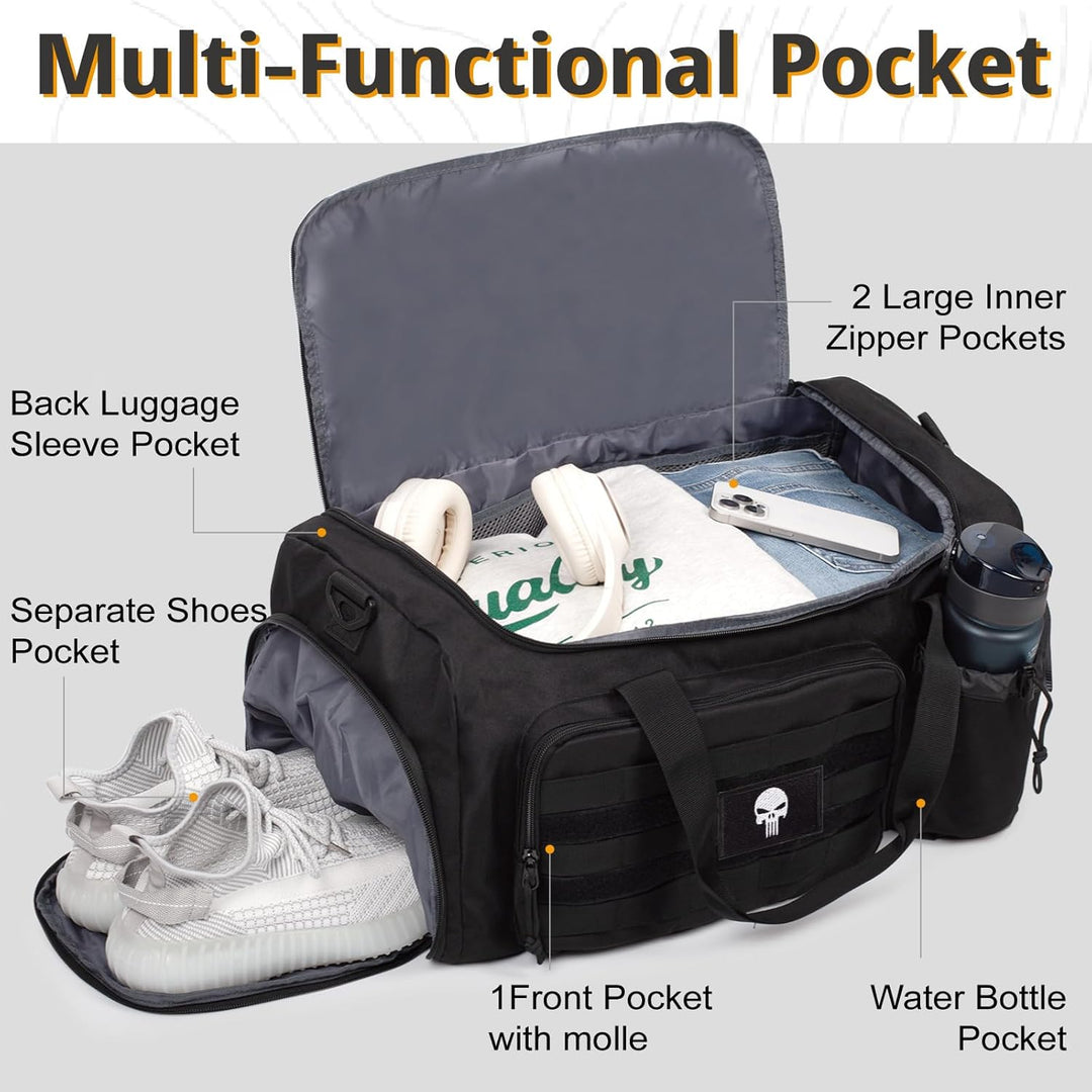 Taktische Sporttasche für Herren, 40L grosse Reisetasche mit Schuhfach, Sporttasche mit Nassfach, Mu