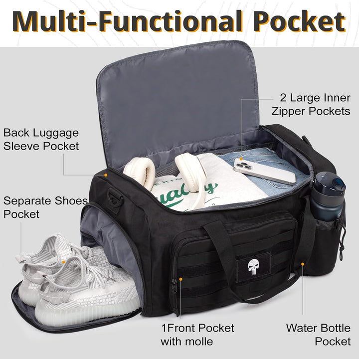Taktische Sporttasche für Herren, 40L grosse Reisetasche mit Schuhfach, Sporttasche mit Nassfach, Mu
