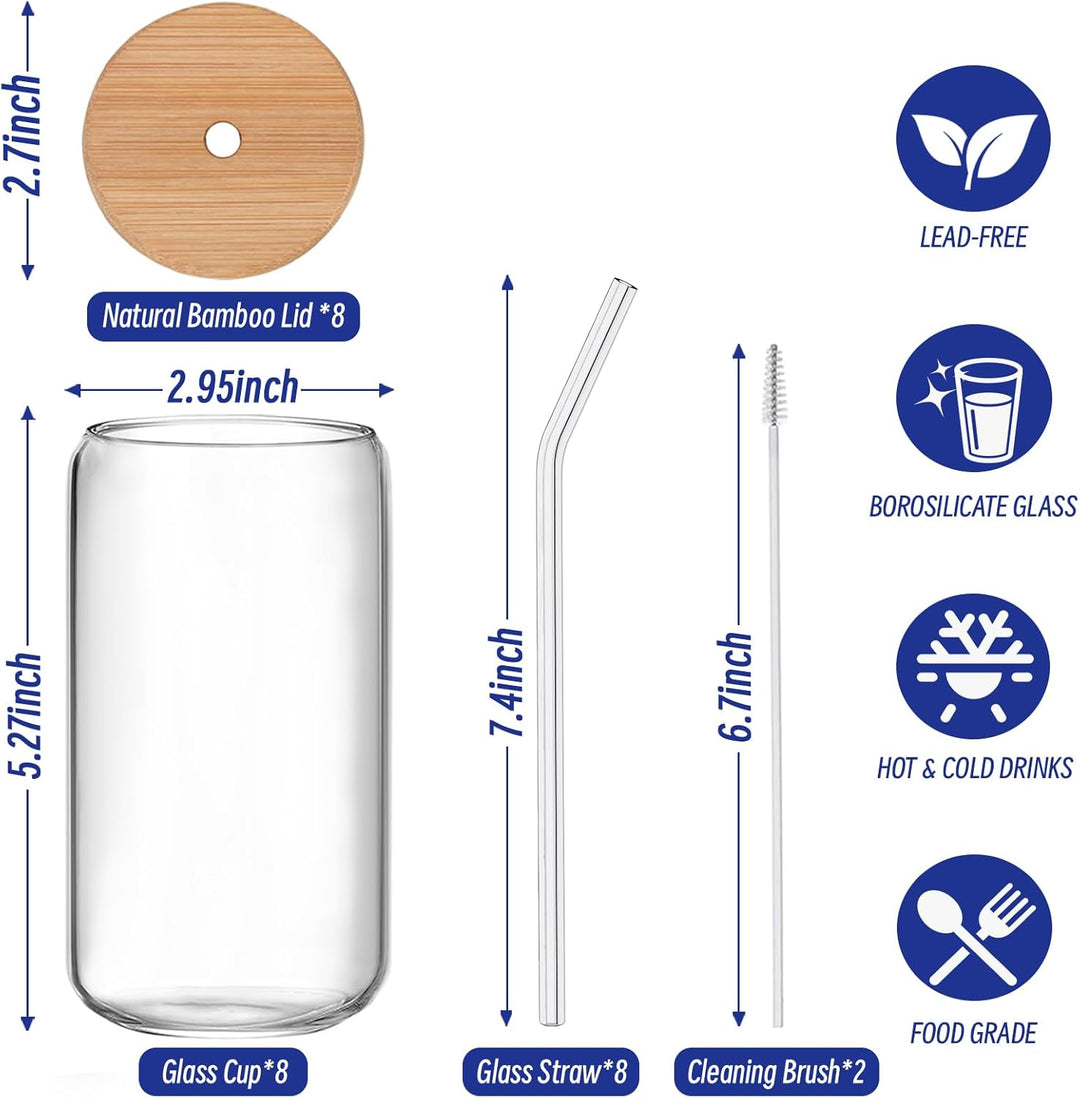 FINEW [8er Set] Trinkbecher Mit Deckel und Strohhalm Glas, 8er Cocktailgläser Set, 16oz/450ml Eiskaf
