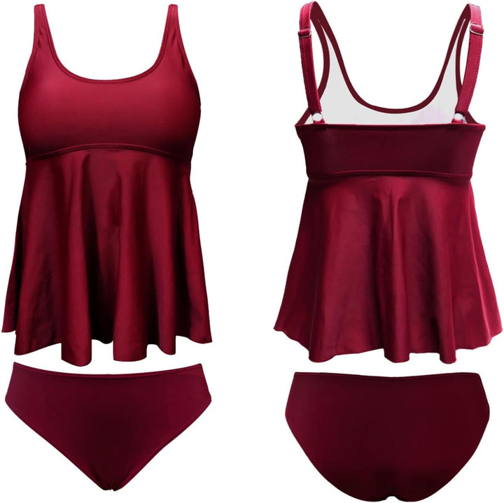 JFAN Tankini Damen Badeanzug Damen Bauchweg mit Rüschen Badekleider und Bikinihose S Rotwein, S Rotw