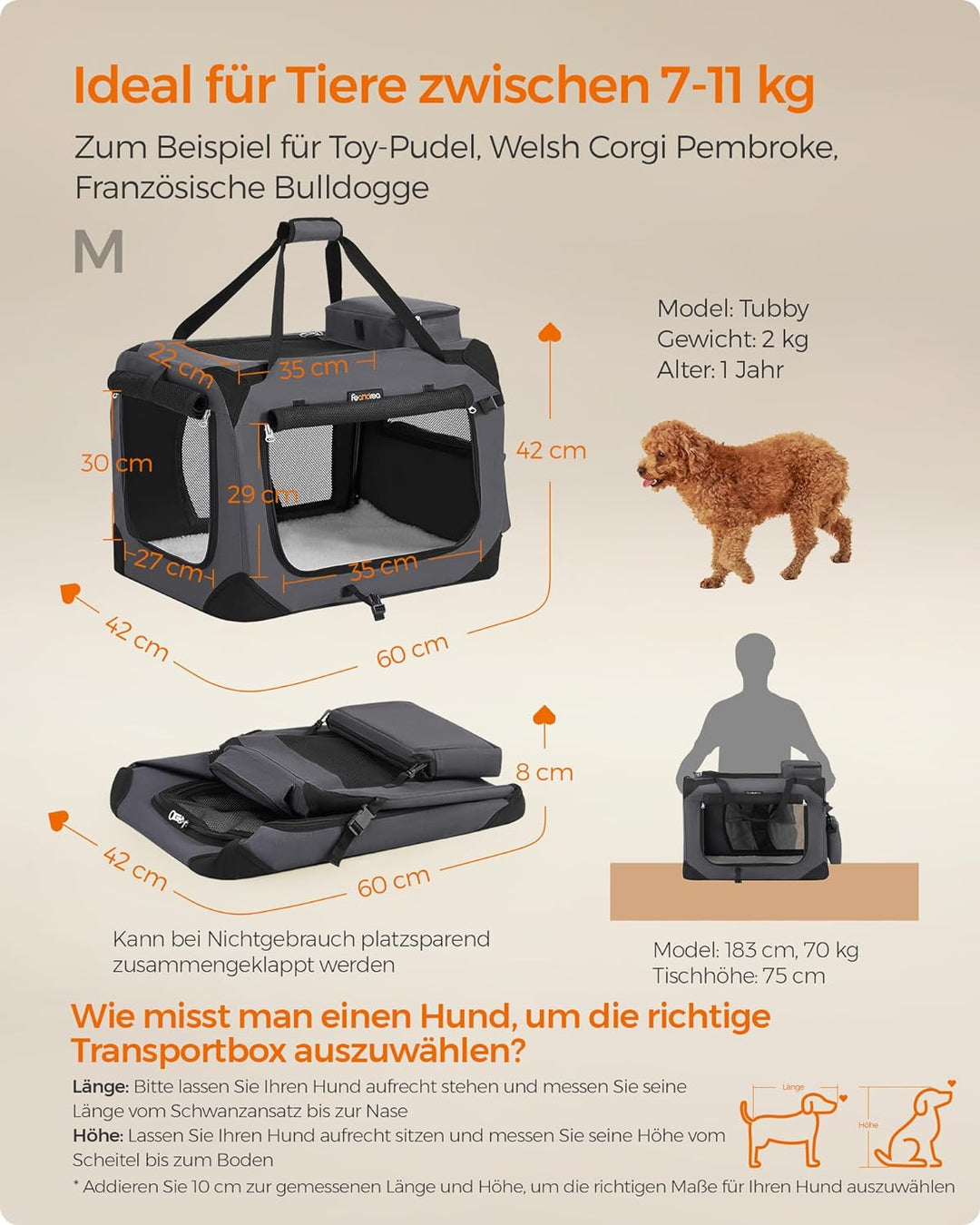 Feandrea Hundebox faltbar, Transportbox Hund, Grösse M, Hundetasche, Oxford-Gewebe, Netzstoff, atmun