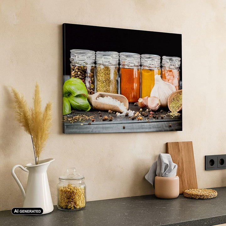 Bilder auf Leinwand 100x70cm Leinwandbild Gewürze Knoblauch Holz Salz Gross Wanddeko Bild Schlafzimm