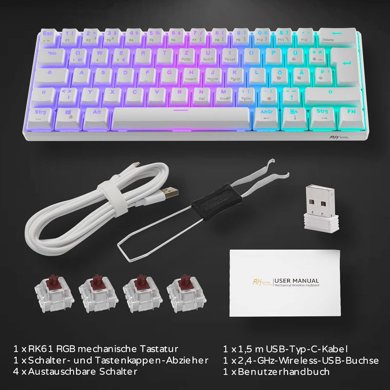 RK61 Mechanische Gaming-Tastatur, 2,4 GHz Kabellose/Bluetooth/Verkabelte 60% Mechanische Tastatur 61