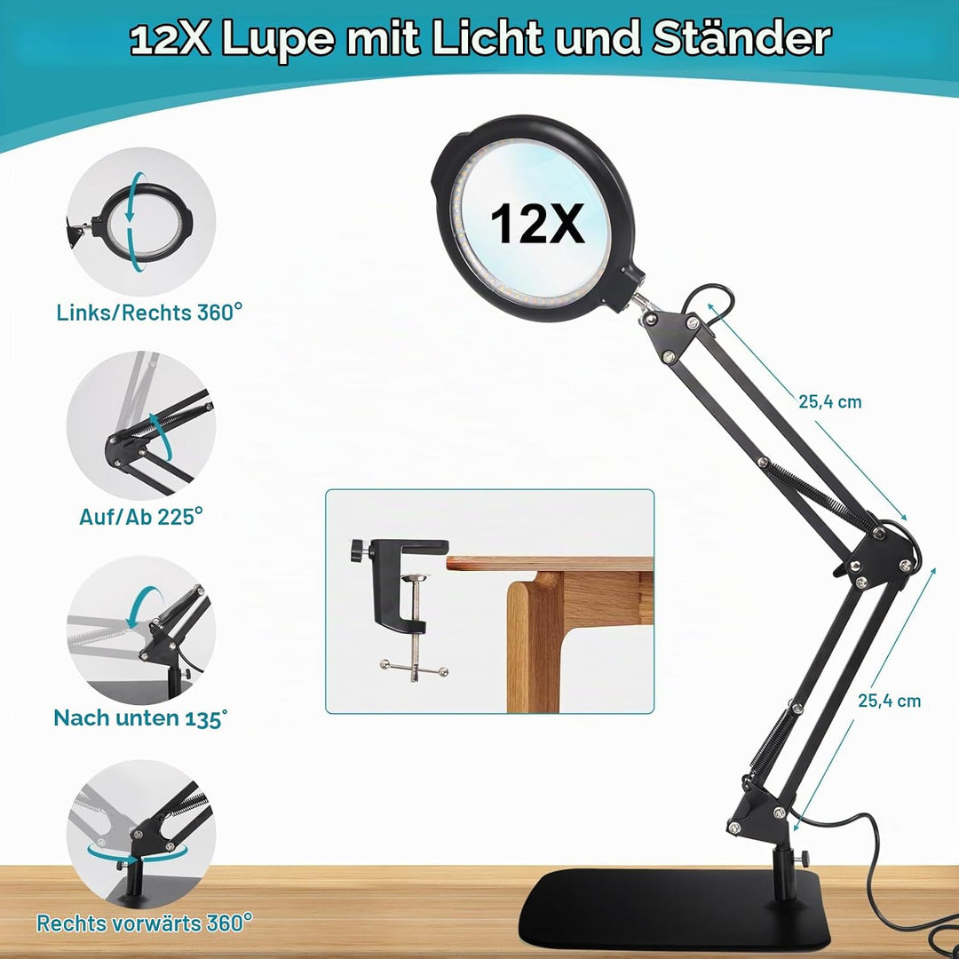 12 Fach Lupe mit Licht und Ständer, 5.2" Lupe mit 5 Farbmodi 10 dimmbare Helligkeit, 2-in-1-Schreibt