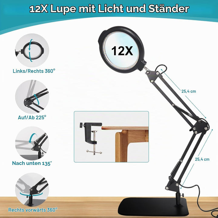 12 Fach Lupe mit Licht und Ständer, 5.2" Lupe mit 5 Farbmodi 10 dimmbare Helligkeit, 2-in-1-Schreibt