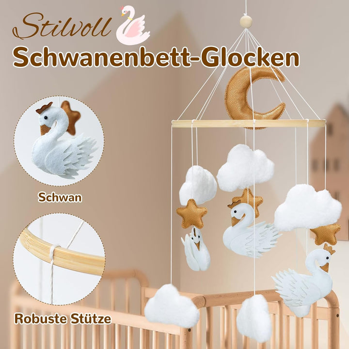 Weisse Schwan Mobile Baby Windspiele,Gekrönte Weisse Schwan, Wolken, Sterne Babybett Mobile Baby Hol