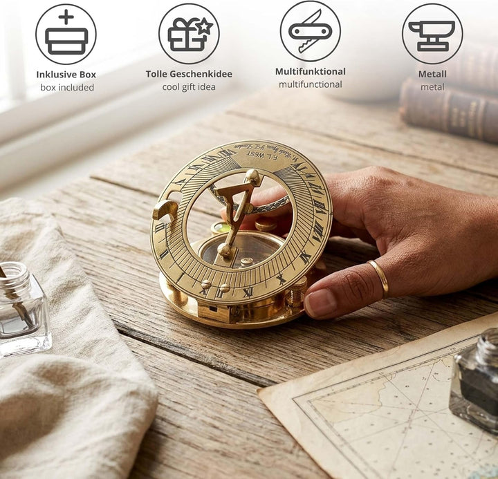 Casa Vivente Sonnenuhr-Kompass aus Messing mit eleganter Holzbox, Nautische Geschenkidee, Ohne Gravu