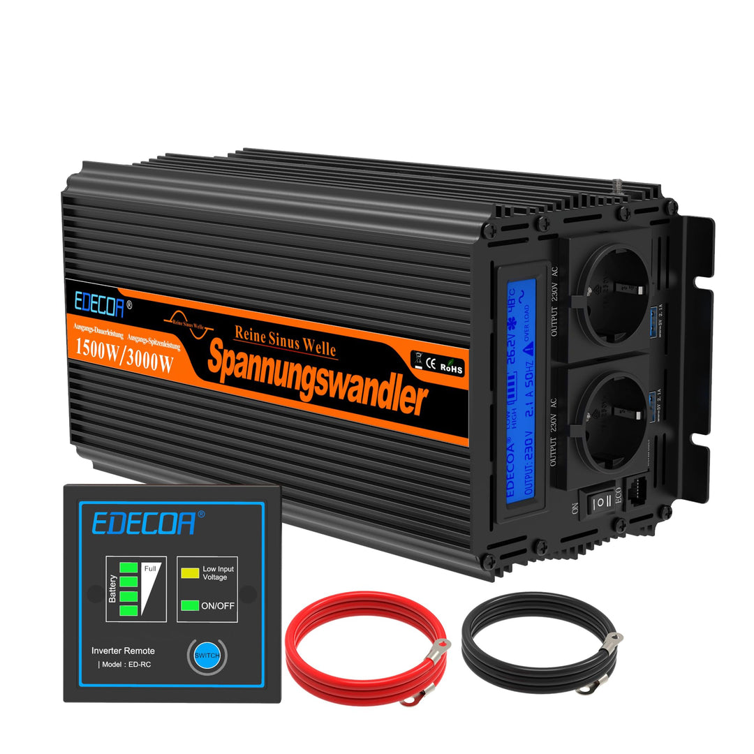 EDECOA Spannungswandler 24v 230v Wechselrichter Reiner Sinus 1500w 24v 220v Konverter 24v auf 230v m