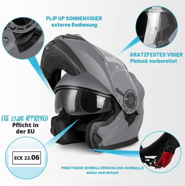 VINZ Santos Klapphelm mit Sonnenblende | ECE 22.06 &amp; PINLOCK vorbereitet | Motorrad Helm Integralhel