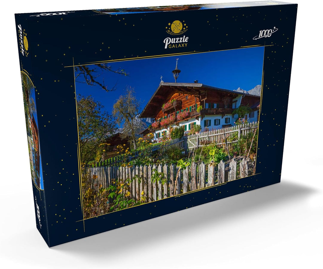 Bauernhaus gegen Kaisergebirge (2344m), Reith bei Kitzbühel, Österreich - Premium 1000 Teile Puzzle
