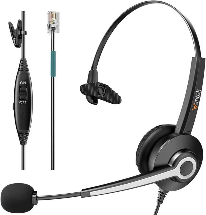 Wantek Telefon Headset Mono mit Noise Cancelling Mikrofon, Lautstärkeregler, Call Center Kopfhörer f