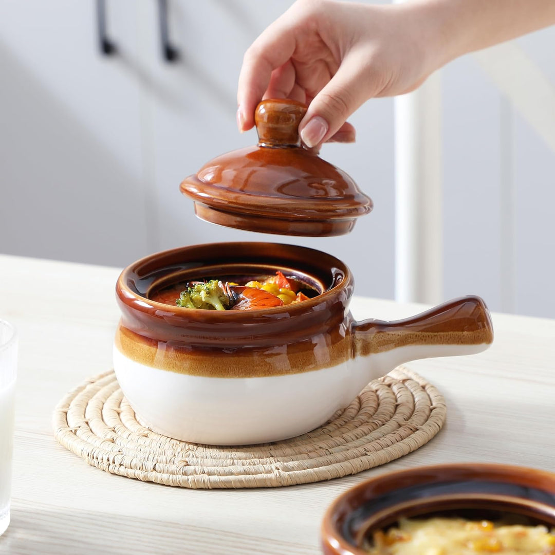 LOVECASA Französische Zwiebel, French Onion Soup Crocks, 4 Stück Steingut Zwiebelsuppe Schalen Set,