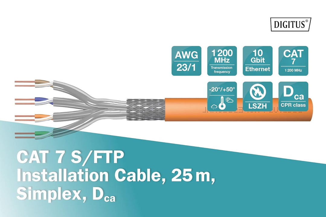 DIGITUS 25 m Cat 7 Netzwerkkabel - S-FTP (PiMF) Simplex - BauPVO Dca - LSZH Halogenfrei - 1200 MHz K