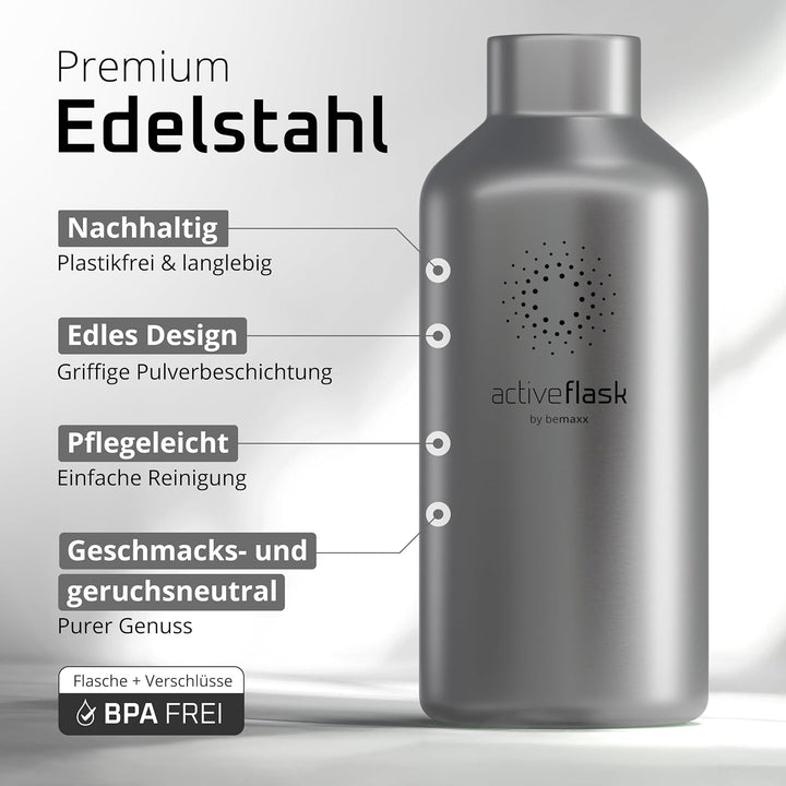 Trinkflasche Edelstahl ACTIVE FLASK + Strohhalm (3 Deckel) BPA-frei, Auslaufsicher, Kohlensäure geei