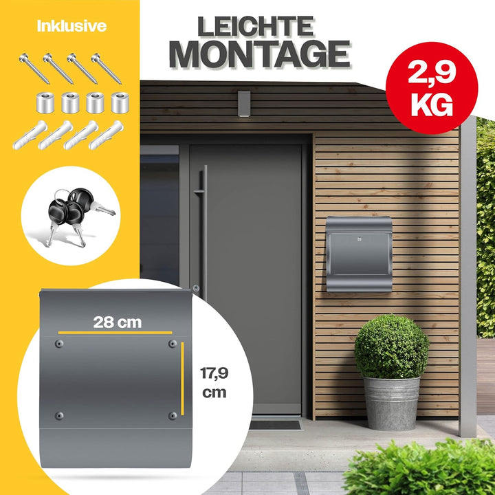 KESSER® Briefkasten XXL Edelstahl Anthrazit, Wandbriefkasten mit Zeitungsfach abschliessbar mit 3 Sc