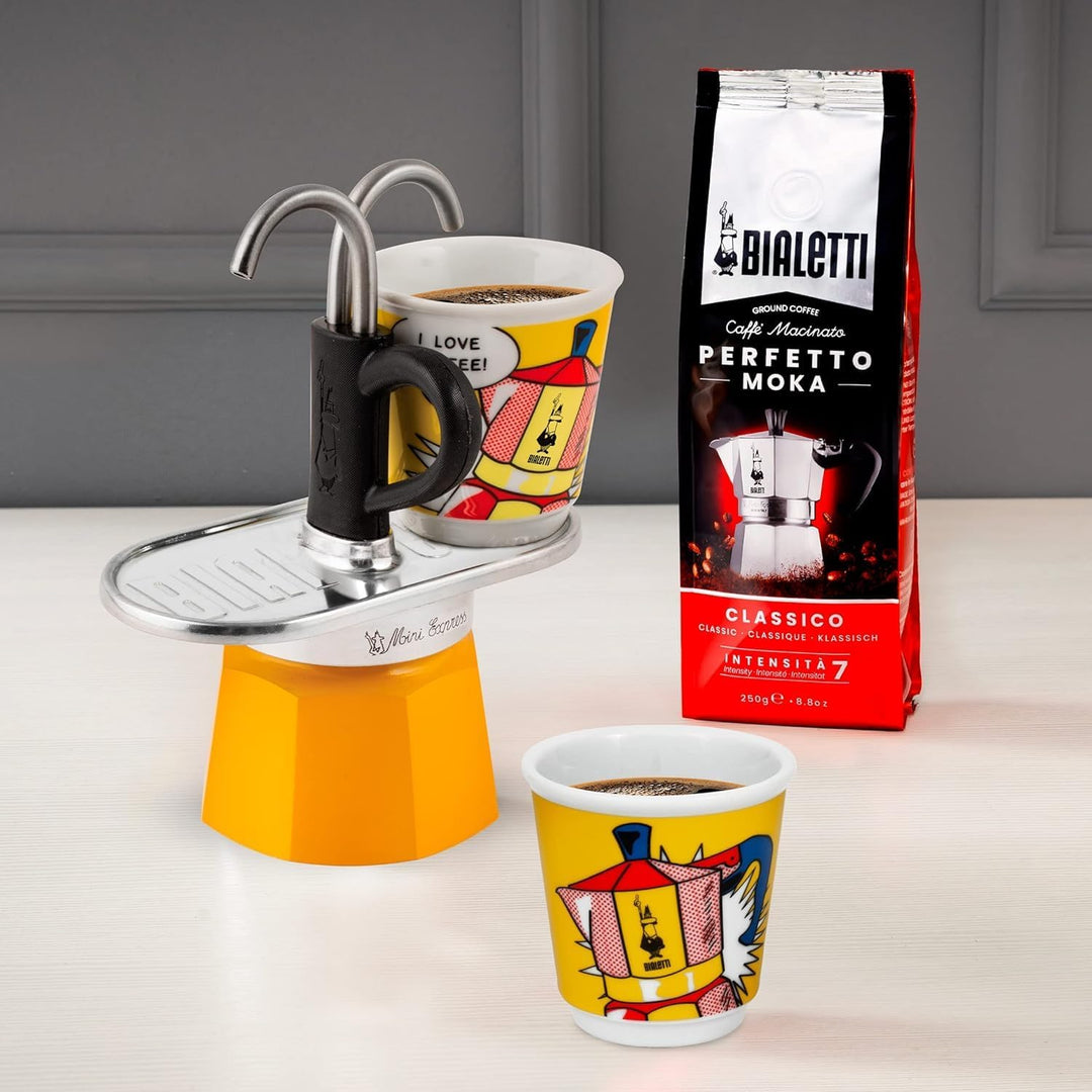 Bialetti Mini Express Farbe Gelb, Espressokocher + 2 Gläser