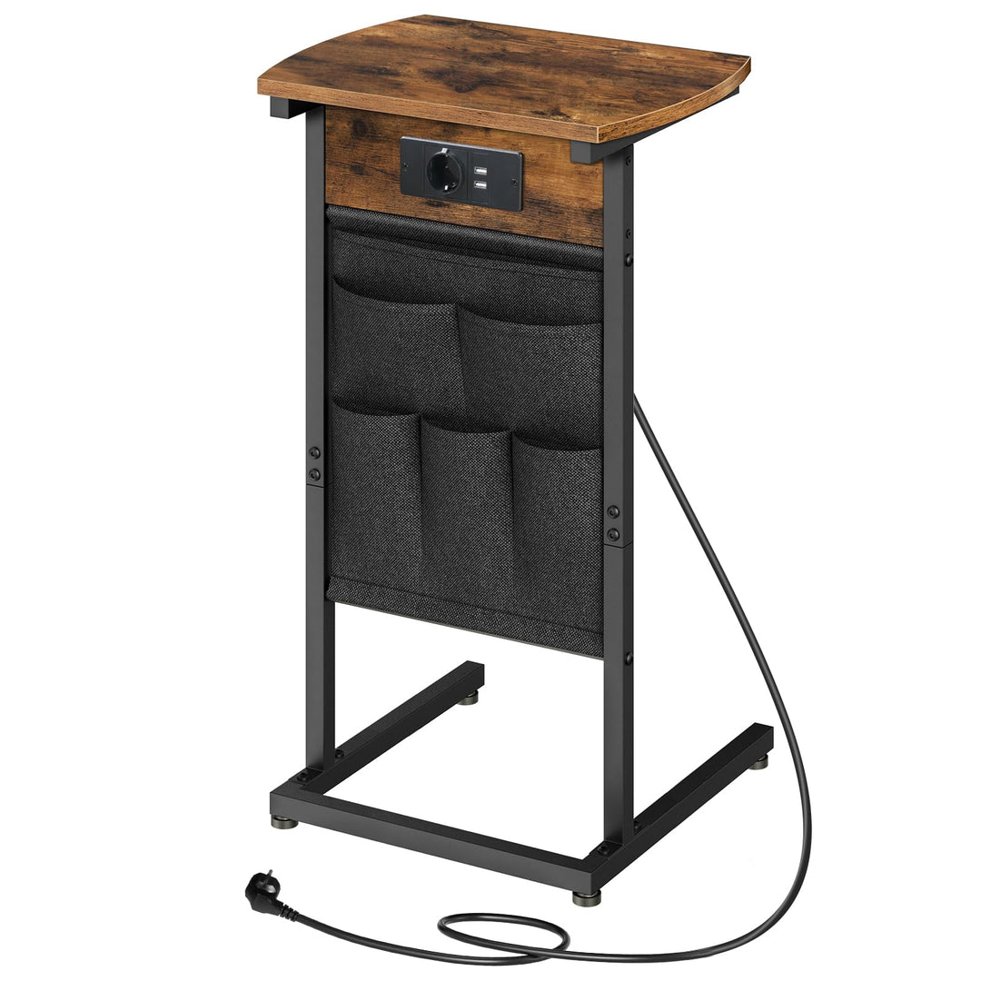 HOOBRO C-Form Beistelltisch mit Ladestation, Couchtisch mit gebogener Platte, Sofatisch mit Vliestas