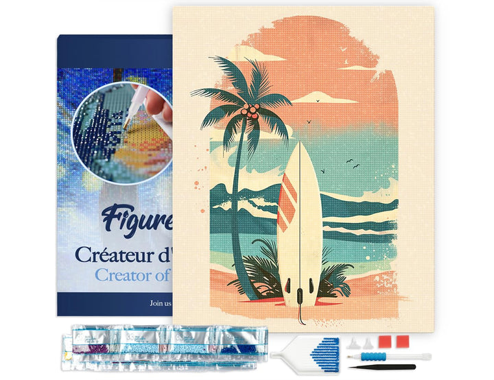 Figured'Art Diamond Painting Erwachsene 40x50cm Mit Rahmen Ganze Leinwand gespannt Surfbrett am Stra