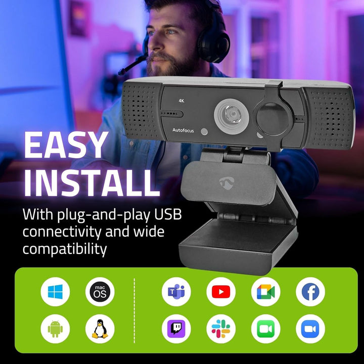 Nedis WCAM120BK Webcam | Full HD@60fps / 4K@30fps | Autofokus | Eingebautes Mikrofon | Schwarz