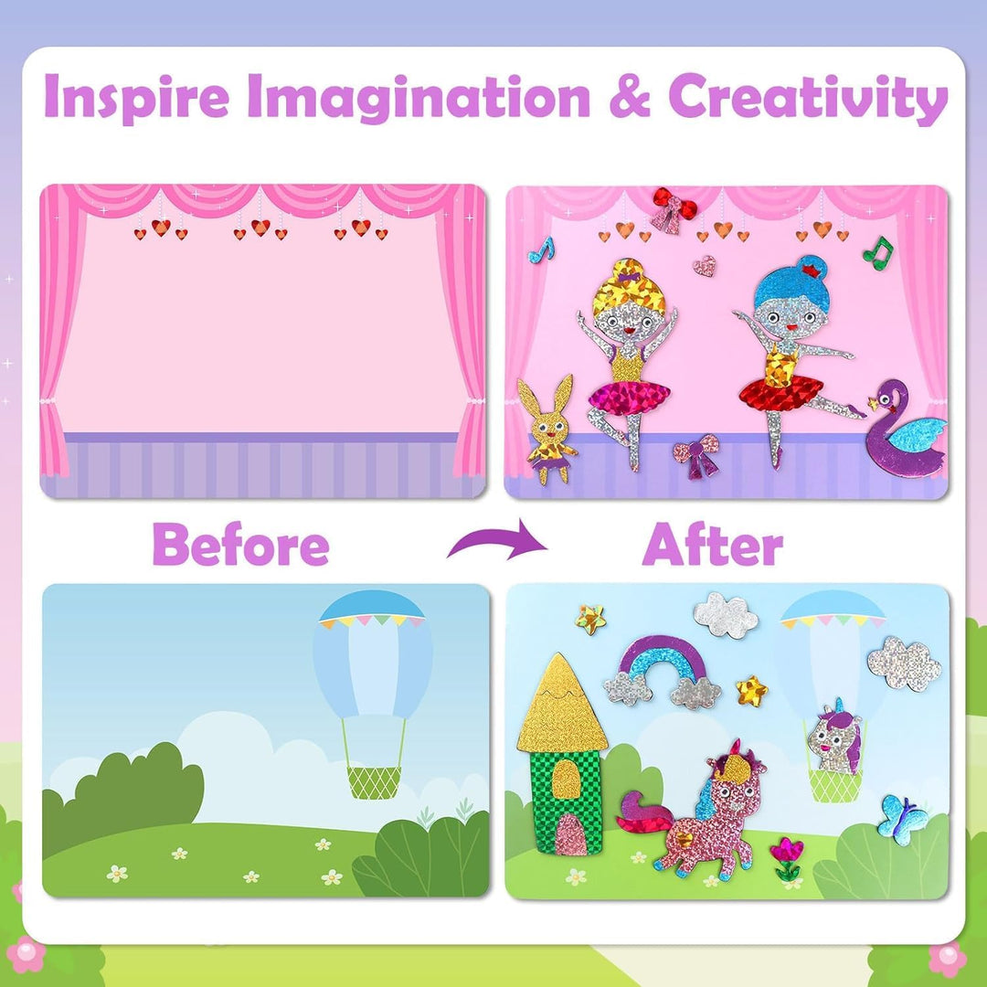 ZMLM Kunst Bastelaktivität Kinder, Folienspass Einhörner Prinzessinnen Sticker Bastelkoffer DIY Färb