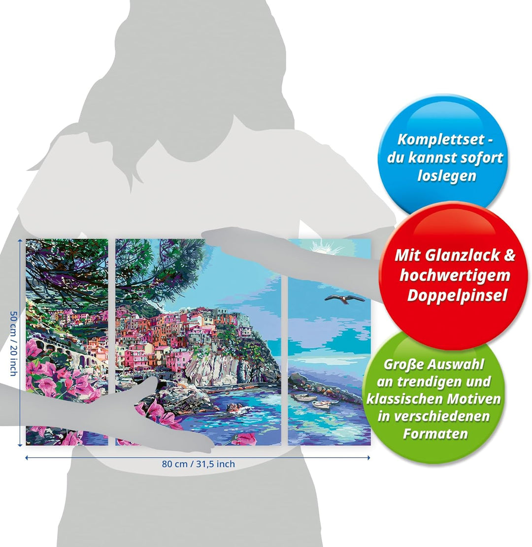 Ravensburger CreArt 23529 - Cinque Terre - Triptychon Malen nach Zahlen Erwachsene, DIY Malset mit P