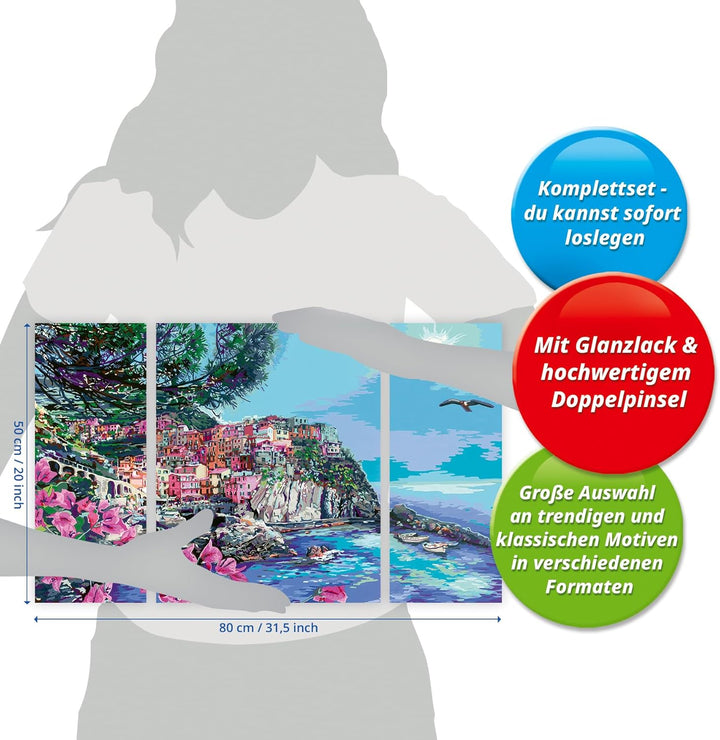 Ravensburger CreArt 23529 - Cinque Terre - Triptychon Malen nach Zahlen Erwachsene, DIY Malset mit P