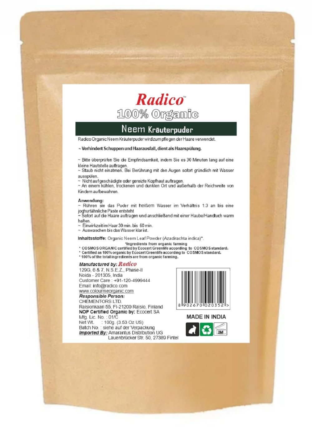 Radico | 100% Organic Neem Leaf Powder | Haarreinigung und Haarpflege | Antibakteriell | Gegen fetti