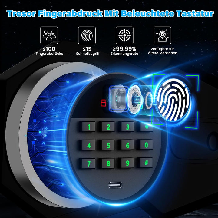 Mejasg 45L Safe Tresor Fingerabdruck mit A4 Feuerfester Tasche, Fingerabdruck Tresor für Zuhause mit