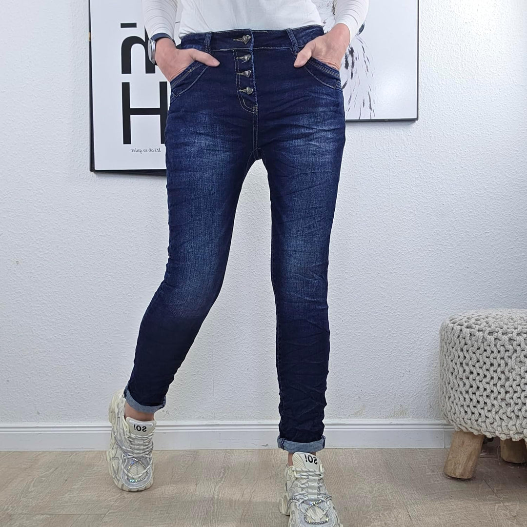 Jewelly Stretch Jeans| im Baggy Boyfriend Schnitt| Damen Hose mit dekorativer Knopfleiste| Perfekter