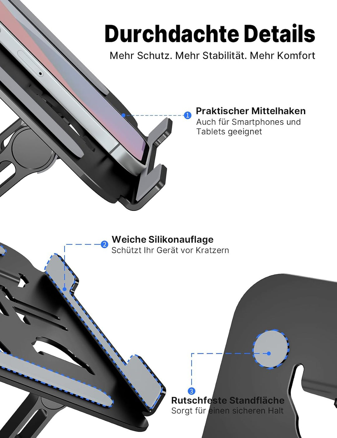 Ergonomischer Laptop Ständer aus Aluminium, Höhenverstellbar &amp; Faltbar, Stabil &amp; rutschfest, Verbess
