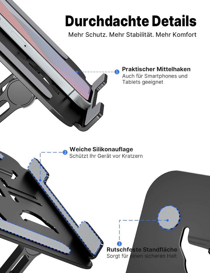 Ergonomischer Laptop Ständer aus Aluminium, Höhenverstellbar &amp; Faltbar, Stabil &amp; rutschfest, Verbess