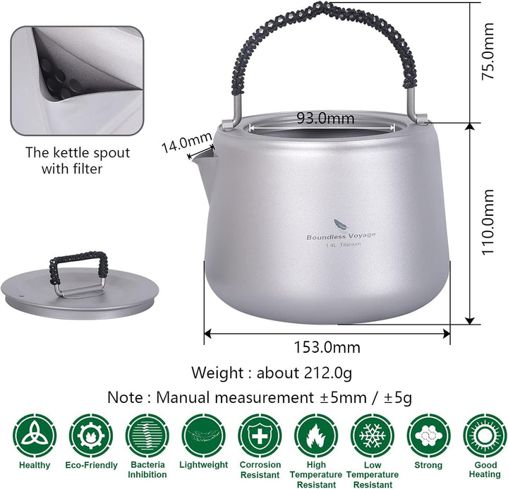 iBasingo 1,4 L Titan Wasserkocher mit Filter Im Freien Camping Kaffee Teekanne Wassertopf Anti-verbr