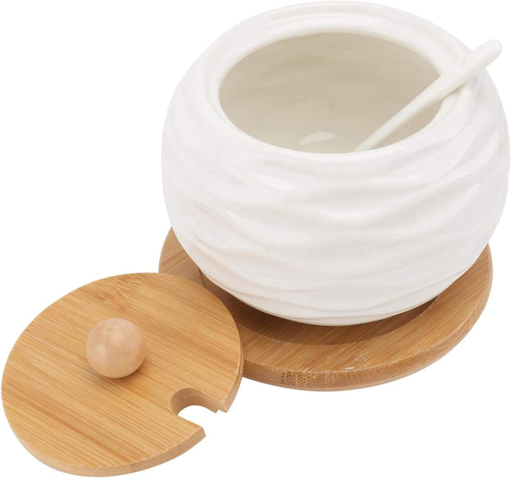 Keramik Gewürzgläser Weiss Zuckerdose Salzdose mit Bambusdeckel und Löffel Gewürzbehälter für Haus K