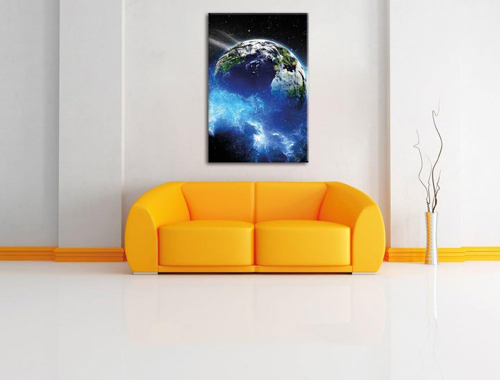 Pixxprint Erde im Kosmos Nebel schwarz/weiss als Leinwandbild/Grösse: 120x80 cm/Wandbild/Kunstdruck/