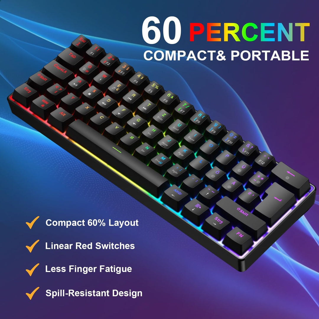 Gaming Tastatur und Maus Set, 60% QWERTZ Layout Mini Mechanische Tastatur mit RGB Beleuchtete, Red S