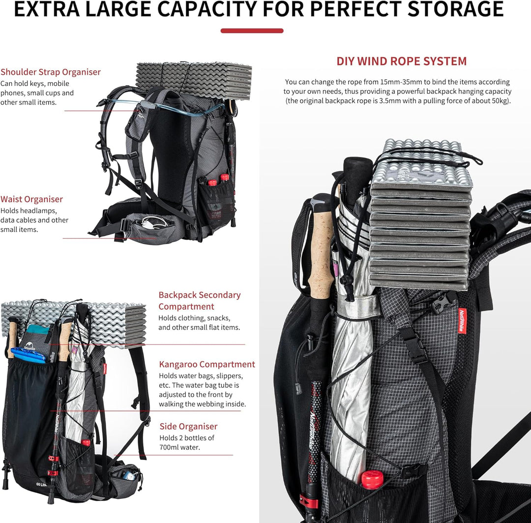 Naturehike Rock 60/40/20+5L Interner Rahmen Wanderrucksack für Outdoor Camping Reisen Backpacking Ba