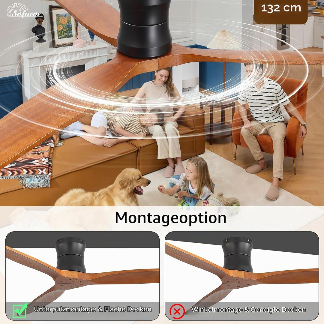 Sofucor Smart Deckenventilator mit Alexa/APP, 132cm Massivholz Deckenventilator mit Fernbedienung, W