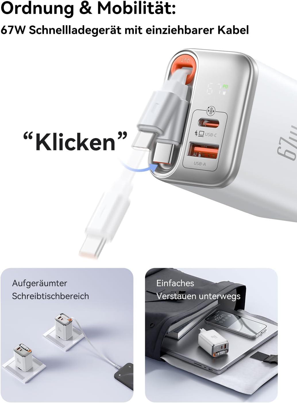 Mcdodo 67W USB C Ladegerät mit Einziehbarem Kabel Netzteil USB C GaN Schnellladegerät 3-Port 67W GaN
