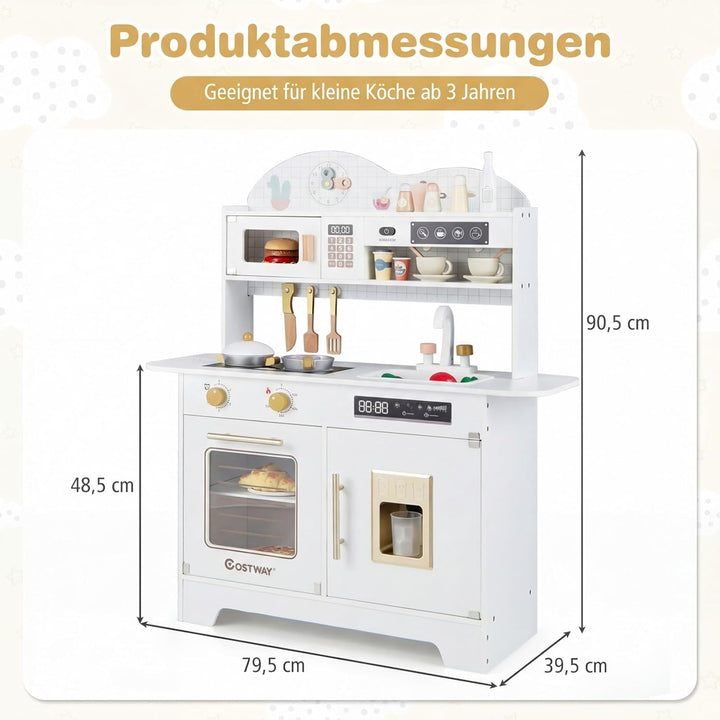 COSTWAY Kinderküche, Spielküche Holz mit 17 Zubehörteilen, Spielzeugküche mit Backofen, Eismaschine,