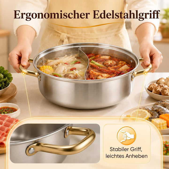 Hot Pot Edelstahl Yin Yang Hotpot Suppentopf Kochtopf Chinesischer Hotpot für Pfanne Induktion, Serv