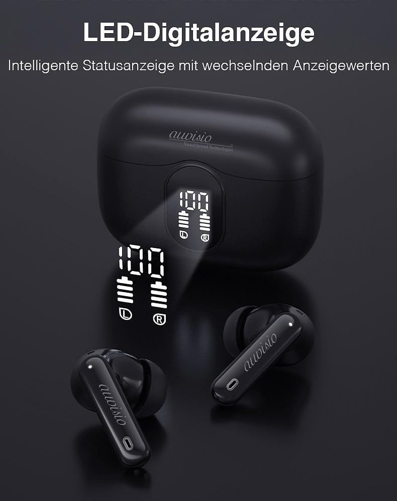 auvisio Headset, Bluetooth: Kabellose In-Ear-Kopfhörer mit Ladecase, Noise-Cancelling, schwarz (Kopf