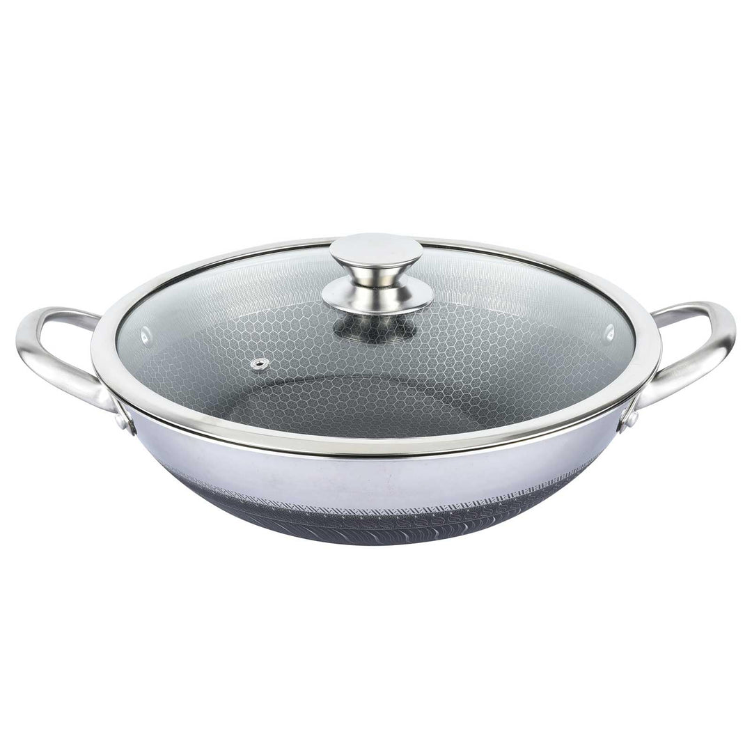 4BIG.fun Wok Bratpfanne aus Edelstahl 36 cm Antihaft Wabenstruktur Wokpfanne mit Glasdeckel Asia Sch