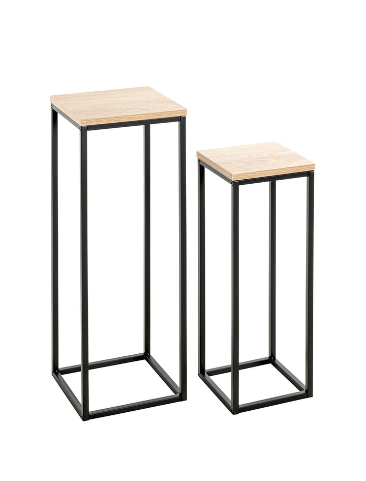 HAKU Blumensäule 2er Set Eiche Natur, schwarz, MDF, Metall - Masse: B 19/23 x H 54/67 x T 19/23 cm,