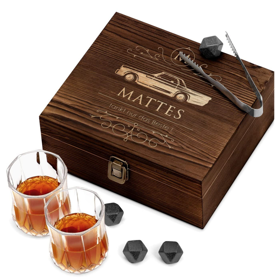 Maverton Whisky Steine Set - in Holzbox mit Gravur - 8 Eiswürfel + 2 Whisky Gläser - wiederverwendba