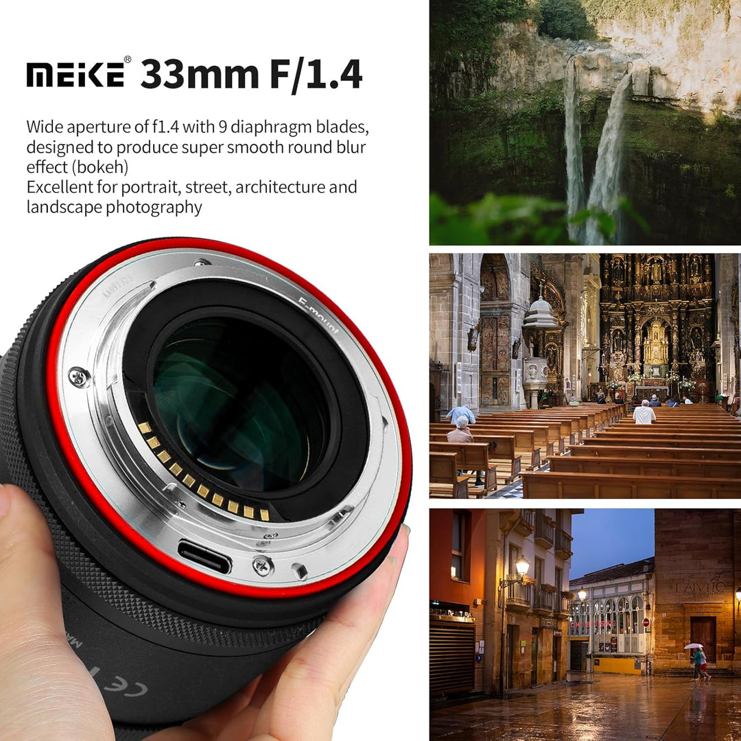 Meike 33mm F1.4 Weitwinkel APS-C AF STM(Schrittmotor) Objektiv Autofokus Festbrennweiten für Sony E